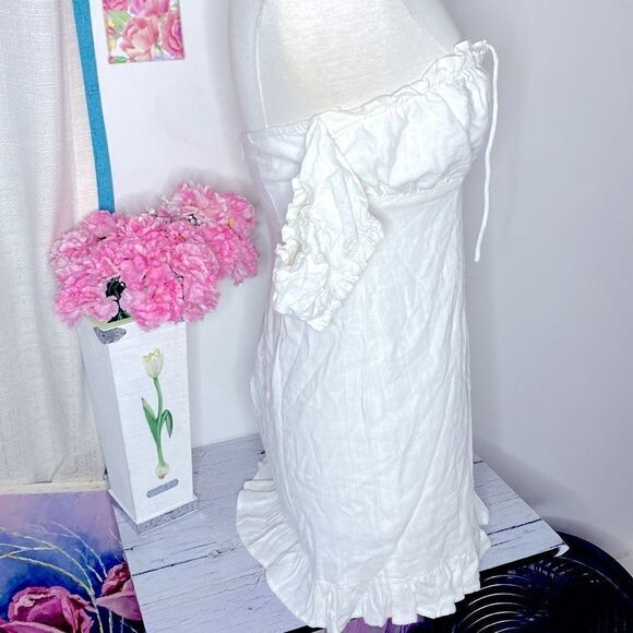 🌷 Cotton Candy LA🌷 White Linen Blend Cottagecore Babydoll Lace Up Dress - Picture 8 of 11